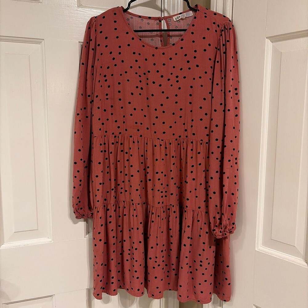 Jolt Terracotta Polka Dot Long Sleeve Tiered Smock Dress